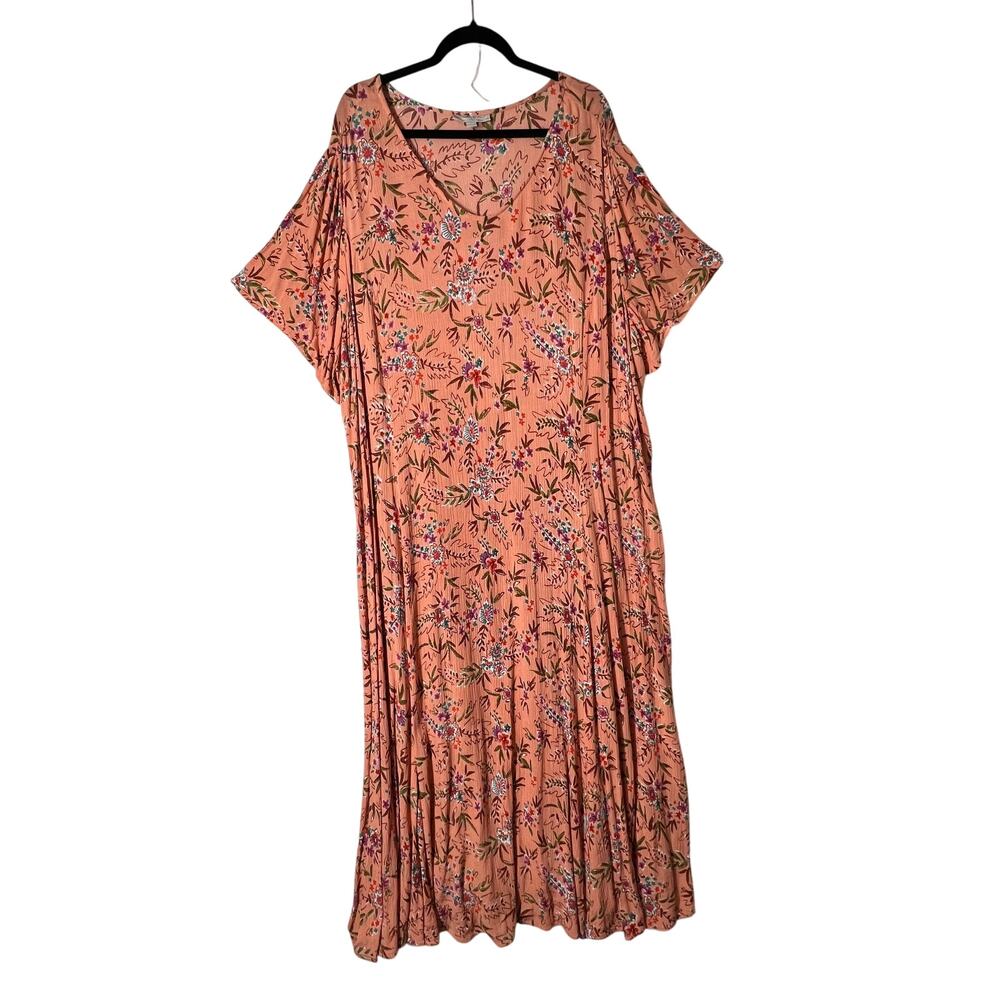 WOMAN WITHIN Womens 5X 38/40 Coral Floral Rayon V Neck Maxi Dress Short Sleeve